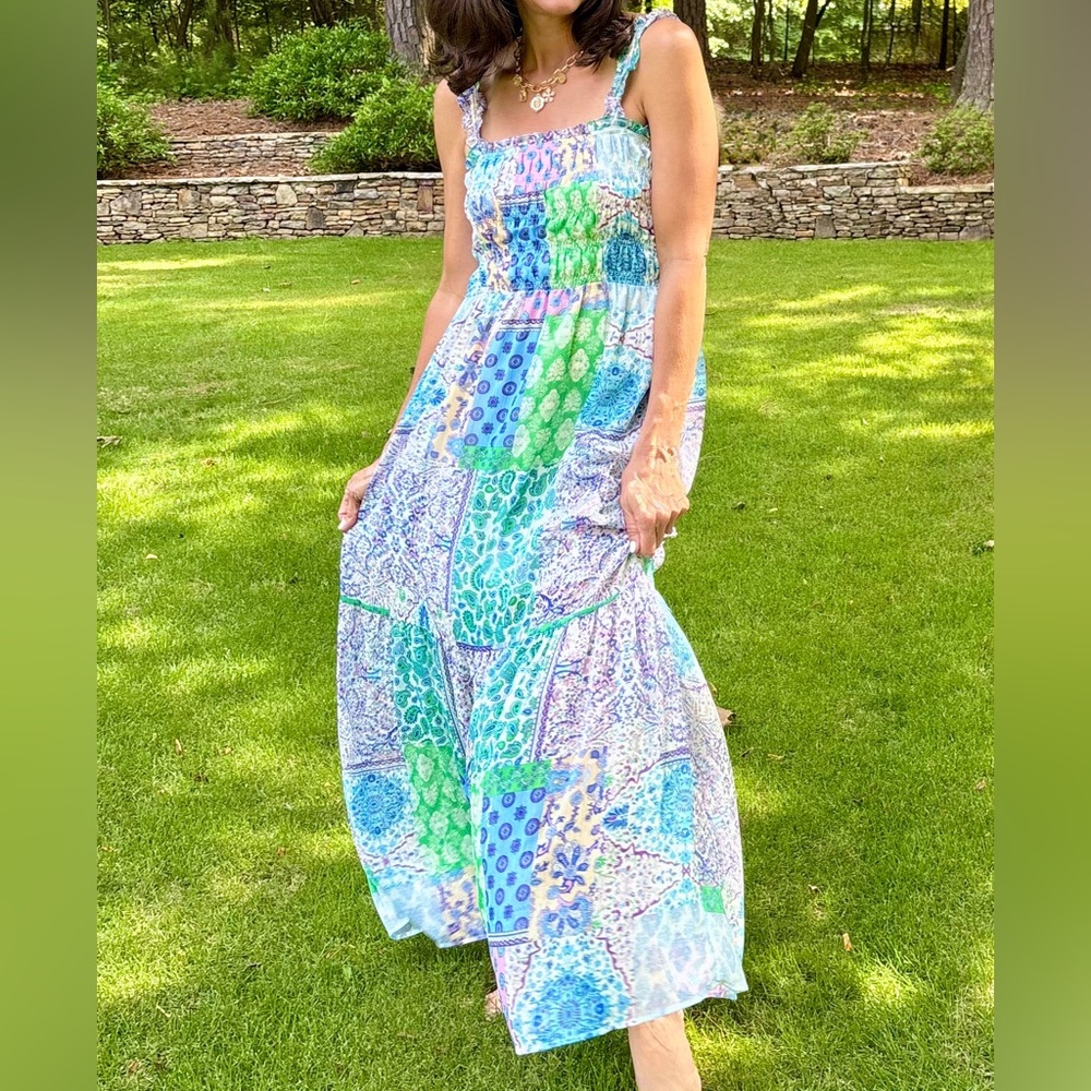 Blue and Green Sleeveless Maxi Sundress with Square Neck